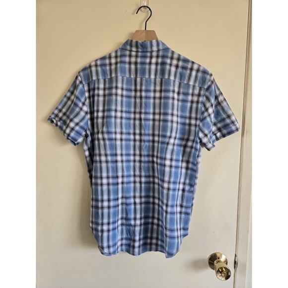 John Varvatos Shirt Mens Small Blue Button Up Plaid Short Sleeve Checkered - Picture 2 of 4